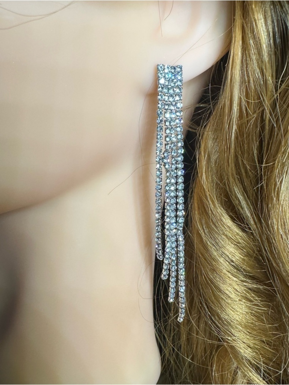 Rhinestone Fringe Drop Earrings Silver Tone Statement Dangle